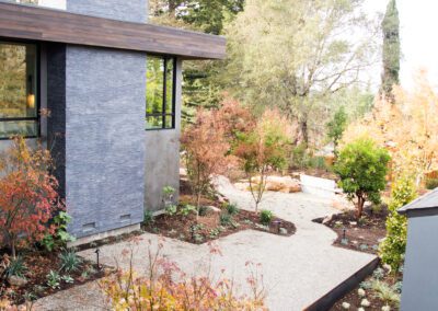 Modern house with a landscaped garden and a winding path.